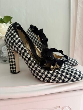 Classic Black & White Houndstooth Heels with Ribbon Tie